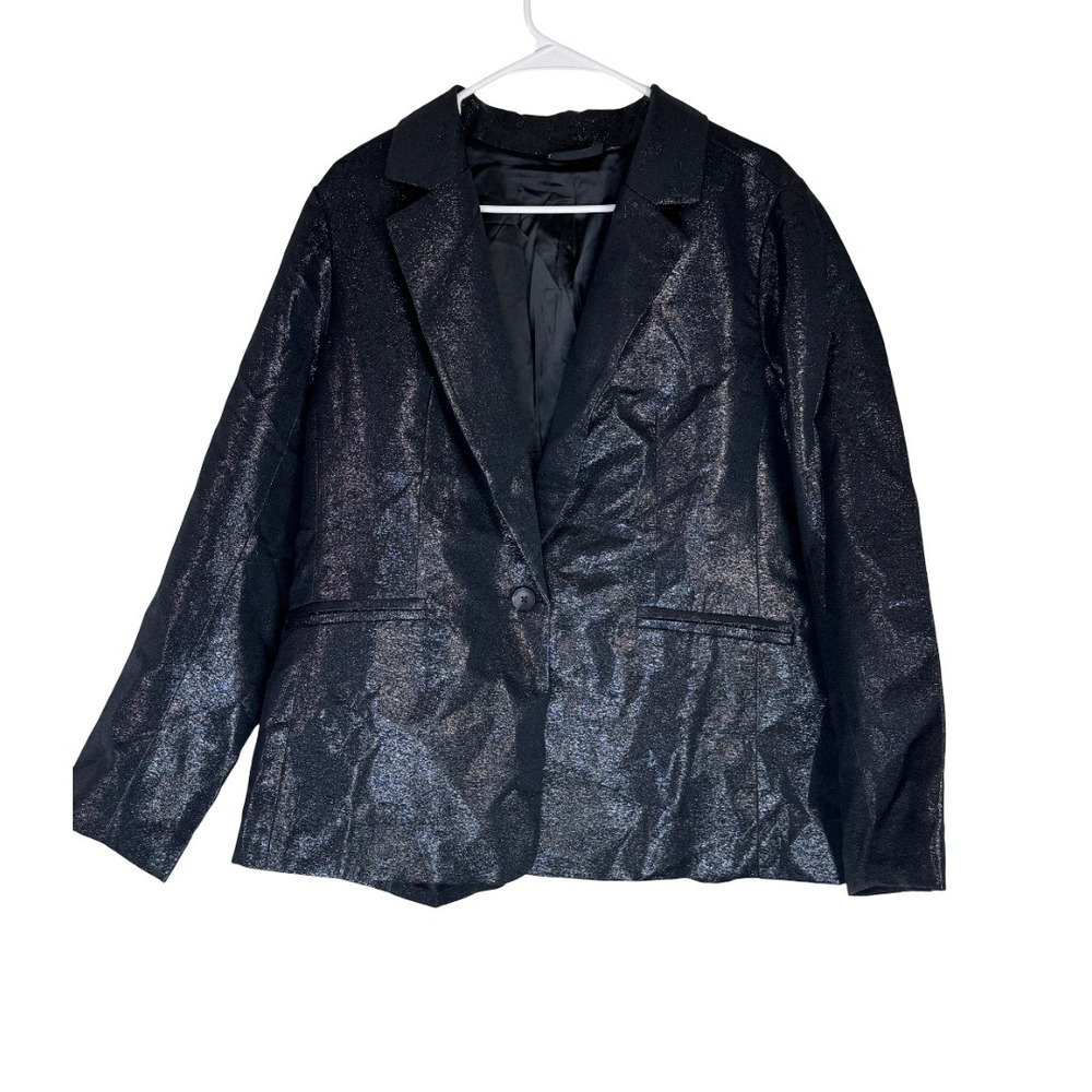 Joan Rivers Red Carpet Blazer Womens 1X Black Metallic Shimmer Single Button AE